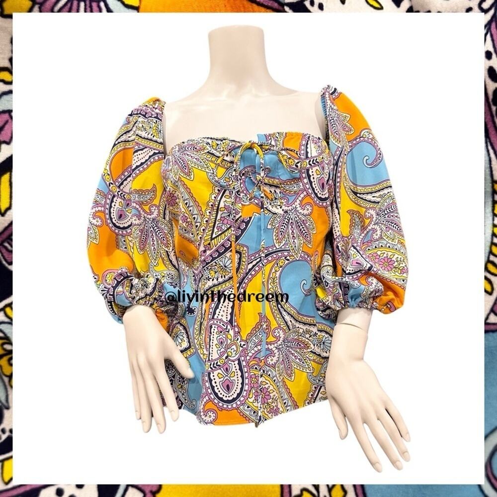 #T168 Venus Vibrant Colored Paisley Balloon Sleeve Top $49